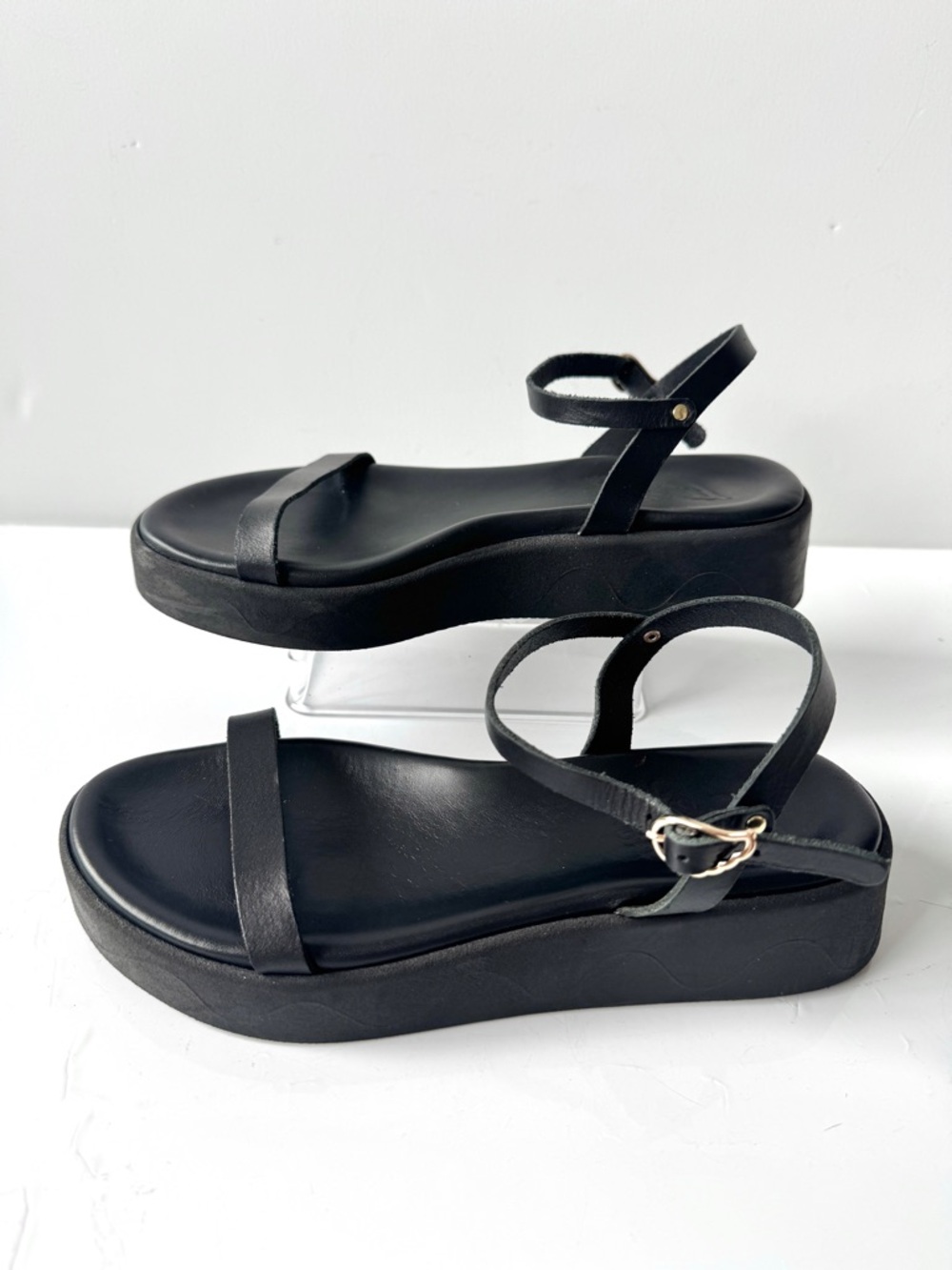 Ancient Greek Sandals Irida Black Leather Platform Ankle-Strap Sandals Size 8 US